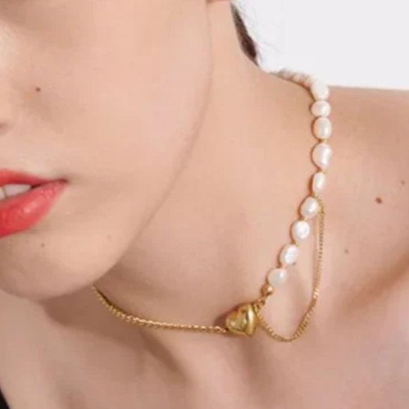 New 18K Gold Natural Pearl Heart Chain Necklace - Picture 14 of 16